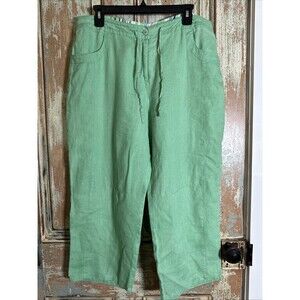 Erin London Women Size 12 Mint Green 100% Linen Pants Button Zip Drawstring